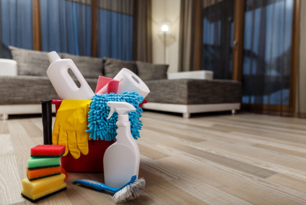 Bucket of cleaning supplies on the floor of a tidy apartment living room